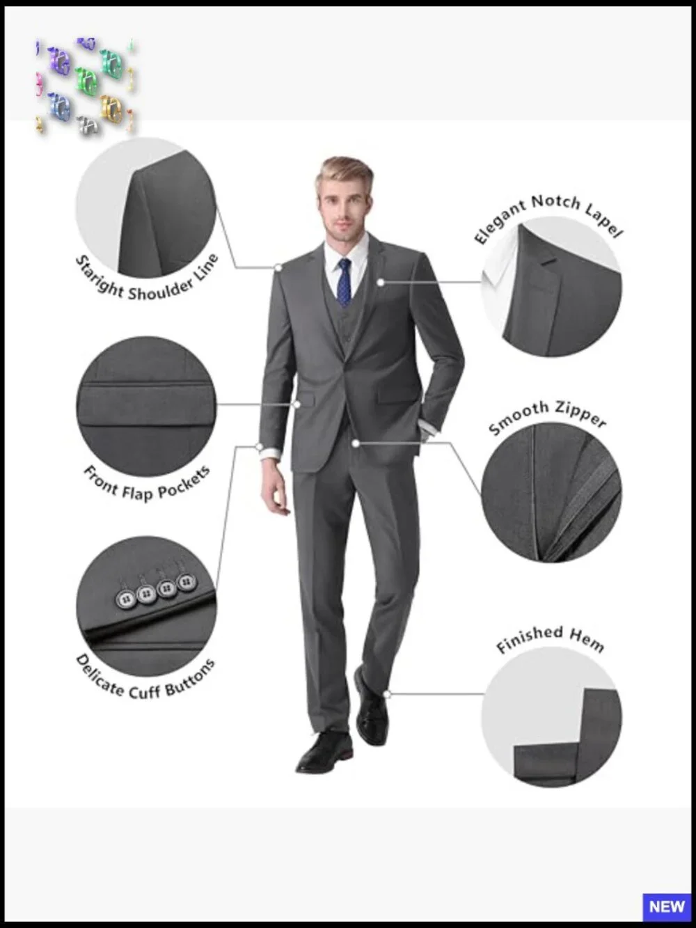 Slim Fit Three Piece Suit Classic Elegant Modern Tuxedo Set One Button